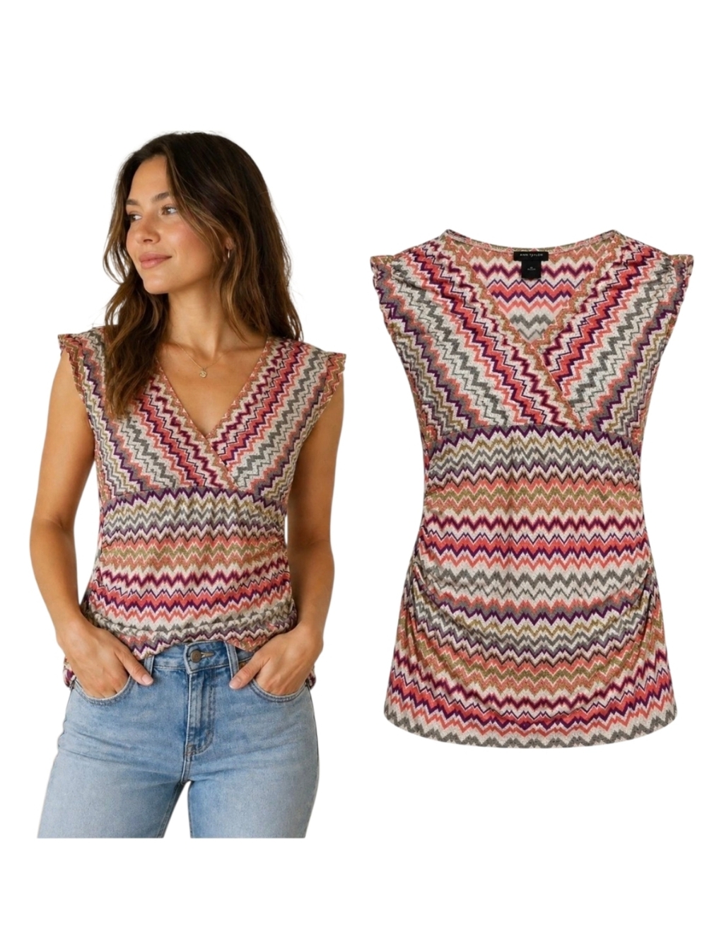 Ann Taylor Knit Stretch Chevron Zigzag Top Sleeveless V Neck Stretch Blouse M